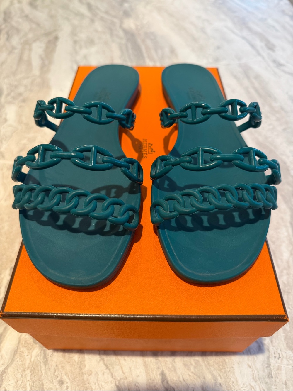Hermès Rivage Teal Chain Strap Slides 37